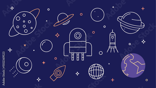 Space exploration stroke icon collections showcasing iconic symbols of space exploration and technology