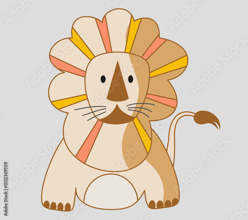 Cute cartoon lion drawing with colorful mane in yellow and orange tones, simplistic style, children illustration, adorable character, animal art, hand drawn, nursery decor