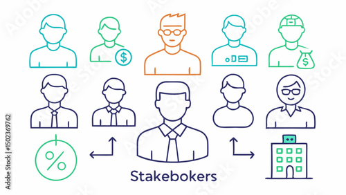 Stakeholder editable stroke icon set for business team collaboration and leadership development