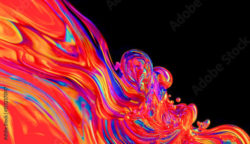 Abstract artistic digital illustration featuring vibrant swirling liquid forms with a rich color palette of reds oranges blues and purples set against a solid black background.