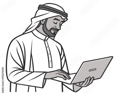 Man In Traditional Dress Using Laptop Technology In Modern Business