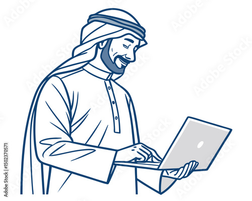 Arab Businessman Working On Laptop Technology And Global Economy