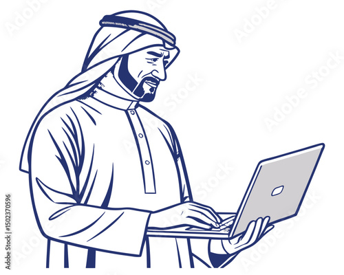 Man in Traditional Attire Working on a Laptop Device