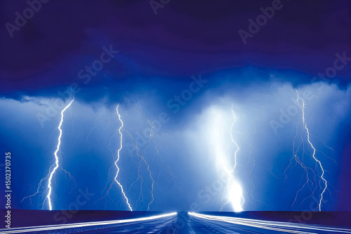 Majestic night sky electrified with multiple lightning strikes above a long highway roadway during a powerful thunderstorm