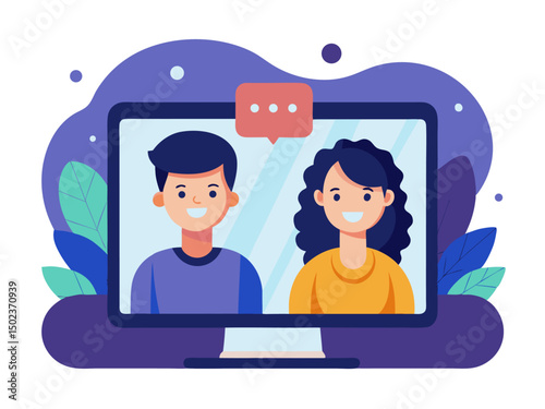 Happy young man and woman video conferencing on a desktop computer, enjoying a friendly online chat