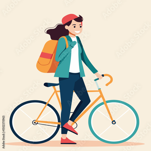 A young woman with a backpack stands next to her bicycle, ready for a ride.