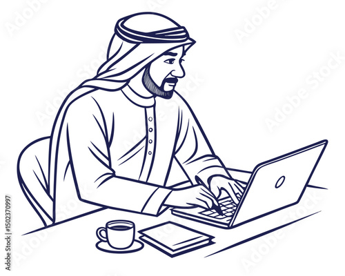 Arab Man Working On Laptop Computer in Office Setup