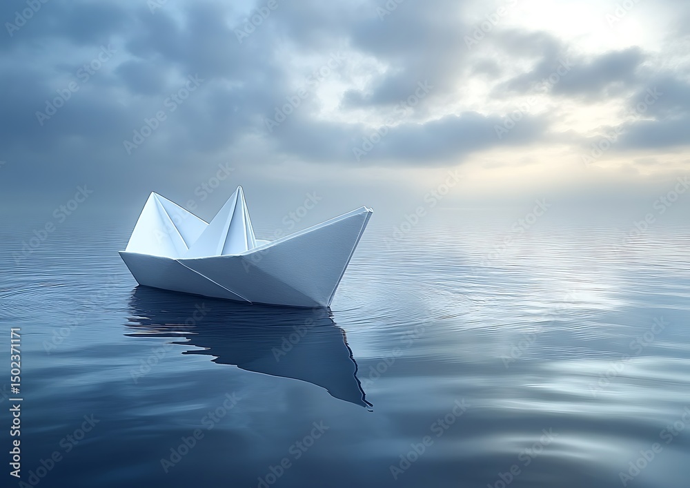 Obraz premium Origami boat on a misty sea