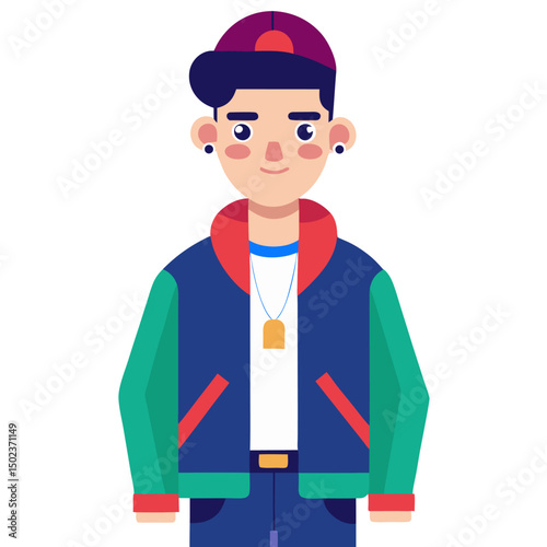 A stylish young man with dark hair, wearing a colorful jacket, a cap, and a necklace, standing against a white background