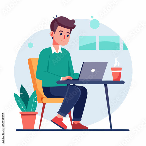 A young man sits comfortably in a chair, working diligently on his laptop. A warm drink rests on the table beside him, adding a touch of coziness to his workspace.