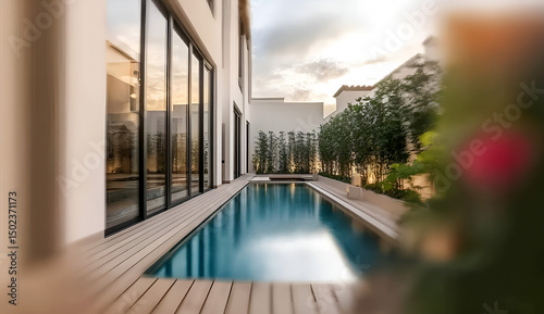 Modern luxury home exterior featuring a swimming pool wooden deck and lush landscaping at sunset