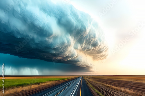 Dramatic supercell thunderstorm rolling over country road and farmland creating a powerful atmospheric landscape during severe weather