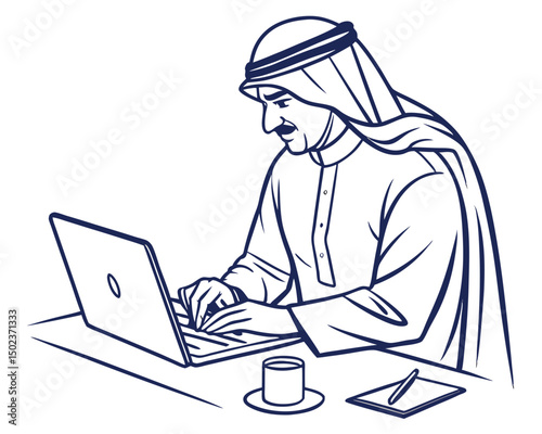 Middle Eastern Man Working from Home on Laptop Computer
