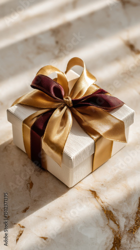 Square image of a luxury gift box tied with satin ribbon, placed on a marble surface with soft golden light, branding-ready composition.