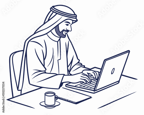 Arab Man Using Laptop Computer in the Office Drawing