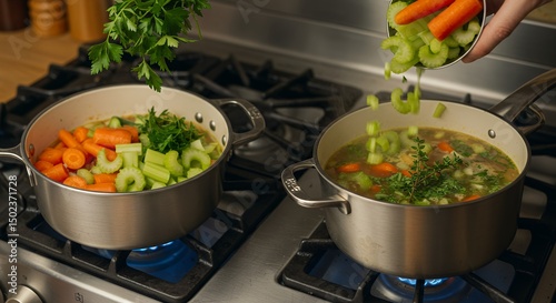 Two Pots of Vegetable Soup Cooking on Gas Stove