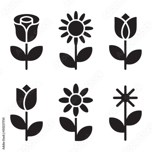 Set of decorative rose with leaves. Flower silhoutte. Vector illustration.Rose flower icon