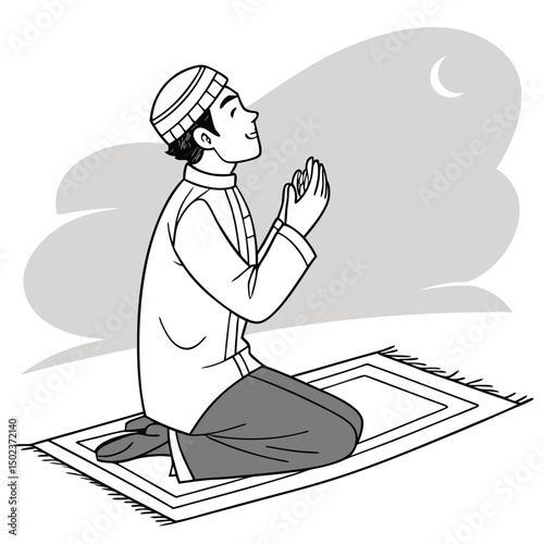 Man Praying Under The Moon Islamic Religious Illustration Art