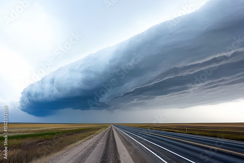 Dramatic road landscape underneath a rolling shelf cloud revealing impending stormy weather and atmospheric intensity