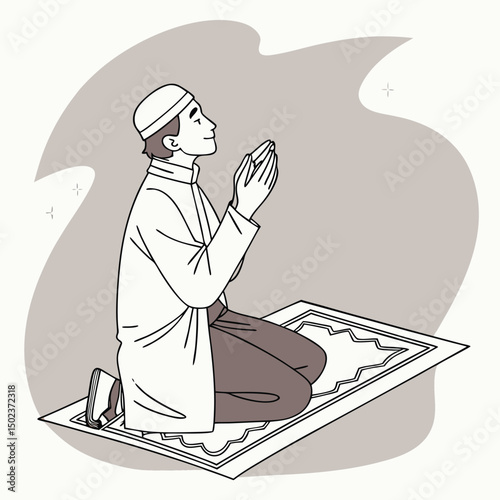 Muslim Man Praying Kneeling on a Prayer Rug Illustration
