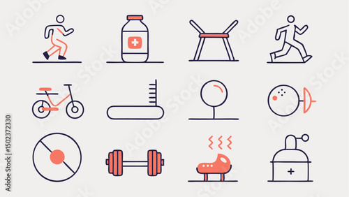 Workout and exercise icon collection with gym equipment visuals perfect for fitness apps health content and personal training or wellness promotion