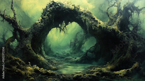 Eerie swamp landscape with twisted roots archway.