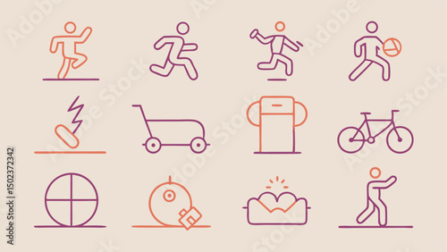Editable workout icon set showing fitness gear and exercises designed for active lifestyle graphics gym marketing and personal health dashboard visuals