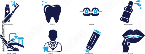 Dental Care Icons Tooth, Dentist, Oral Hygiene, Braces, Toothbrush, Dental Checkup.
