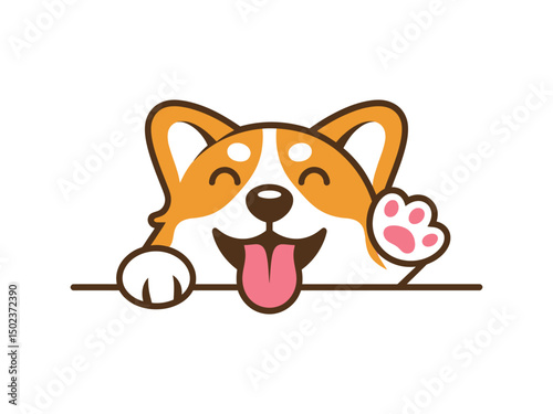 Cheerful corgi dog cartoon character waving paw and showing tongue in a cute greeting