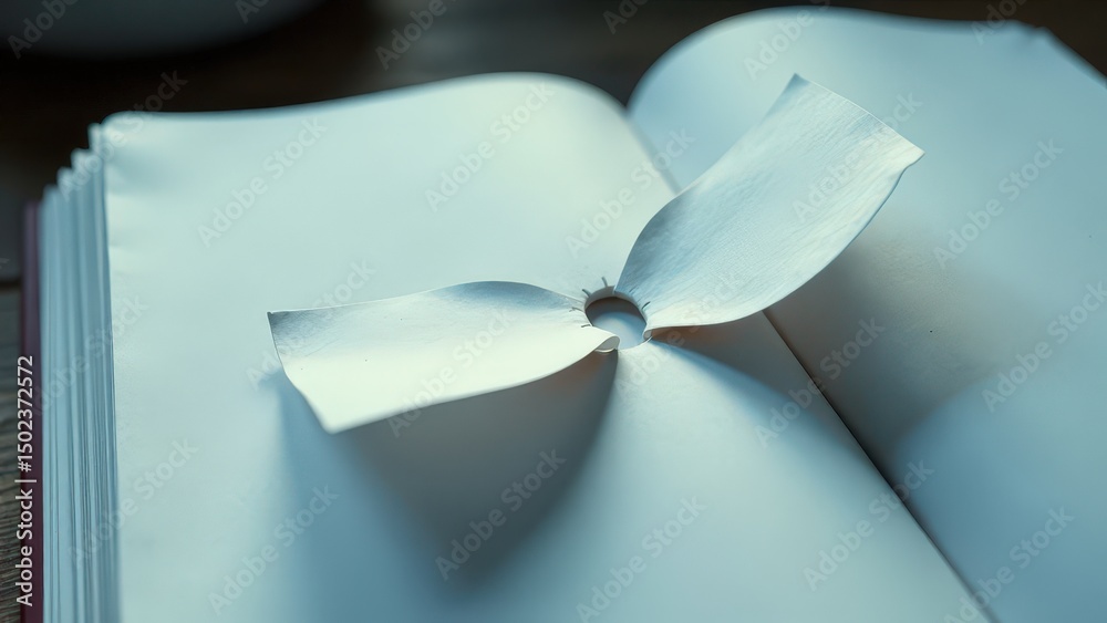 Naklejka premium Book is opened to a page with a torn piece of paper that resembles a flower