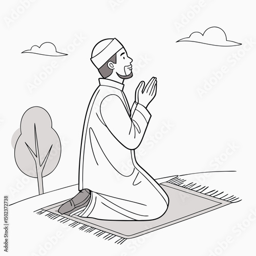 Muslim Man Praying Outdoors On Rug With Hand Gestures