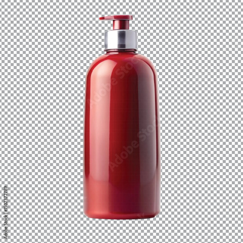 A  cosmetic red bottle blank mockup isolated on a transparent background.