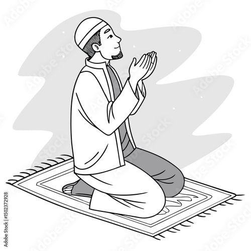 Muslim Man Praying on Rug in Traditional Dress