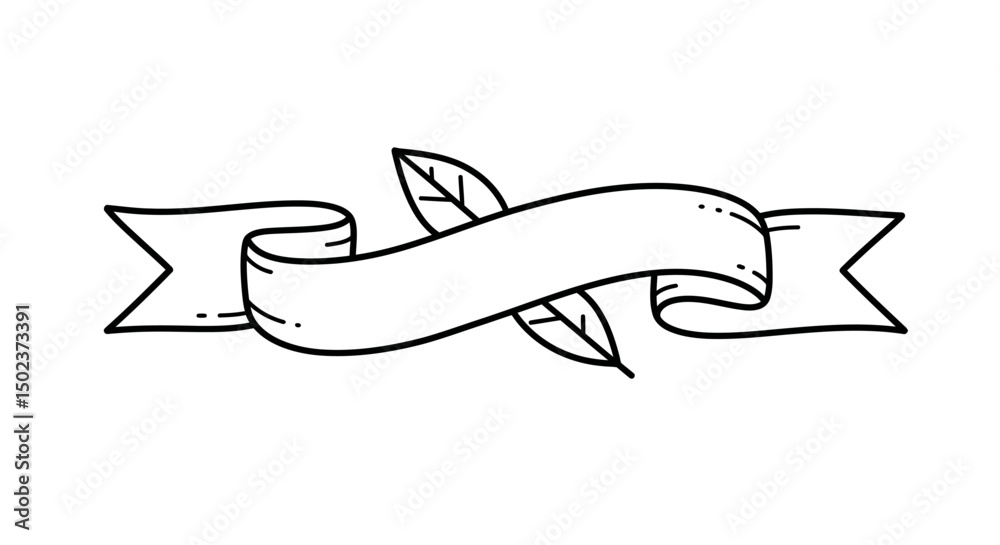 Fototapeta premium Hand Drawn Decorative Ribbon Banner with Leaves