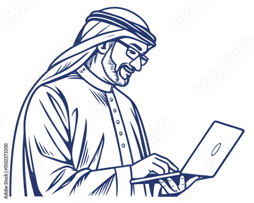 Man In Traditional Clothing Working On A Laptop Computer