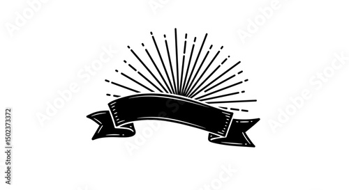 Hand Drawn Black Ribbon Banner with Sunburst Rays