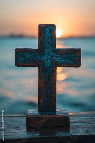 Wooden cross at sunset over water