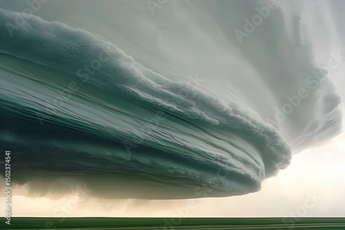 Dramatic view of a supercell thunderstorm massive rotating cloud formation over the green landscape during severe weather atmospheric phenomenon