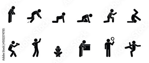 stick figure people pictogram, set of human silhouettes, man icon, various poses, gestures and movements