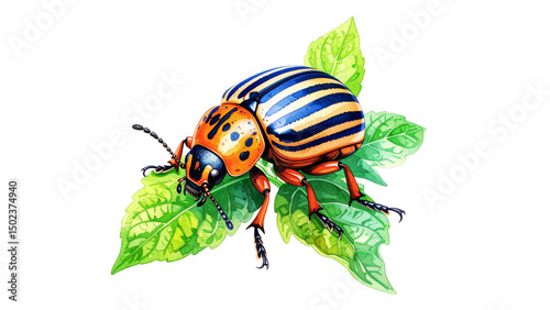 A macro closeup of a Colorado potato beetle pest on a green leaf photo