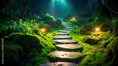 Glowing Stone Path In Enchanted Forest At Night