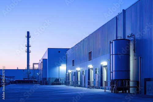 Modern industrial facility at dusk with illuminated facade and equipment