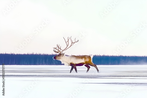 Majestic reindeer traversing a frozen lake in winter landscape with barren forest and foggy sky