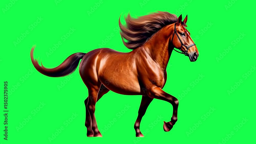 Chestnut horse trotting animation, transparent 4K video, green screen animation, transparent 4K video, green screen