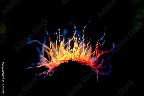 Abstract artistic glowing fiery shape with vibrant colors on a dark background conceptual representation of energy