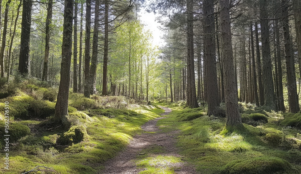 Fototapeta premium Sunlit forest path, dappled sunlight filtering through tall trees