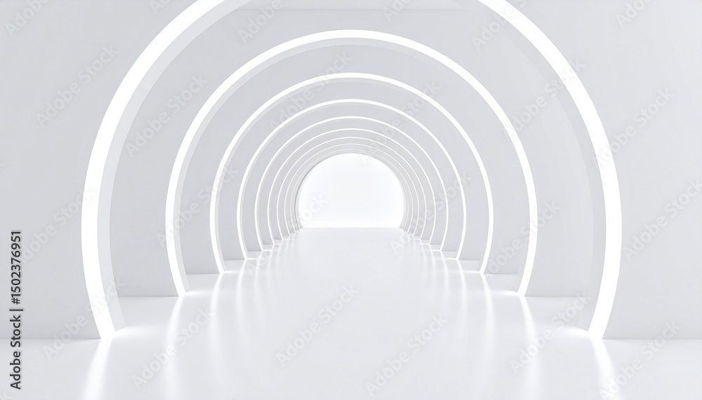 Naklejka premium Futuristic white tunnel with glowing circular arches and reflective floor, creating clean and modern abstract space with bright light at end, evoking sense of depth and infinity