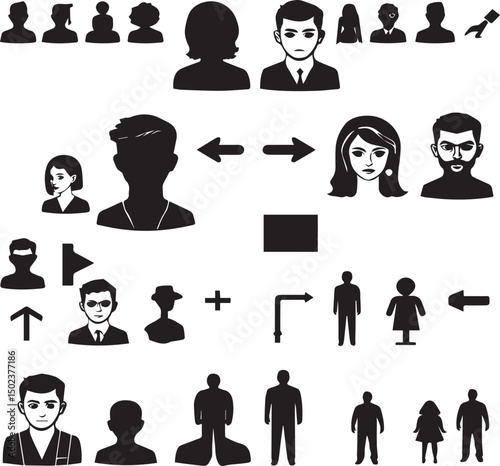 Man and Woman icon set collection with diverse directional markers on white background