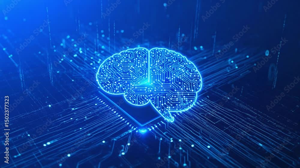 a digital stylized human brain shining on a computer chip