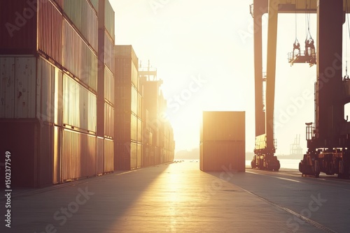 Containers at a shipping dock with sunset lighting